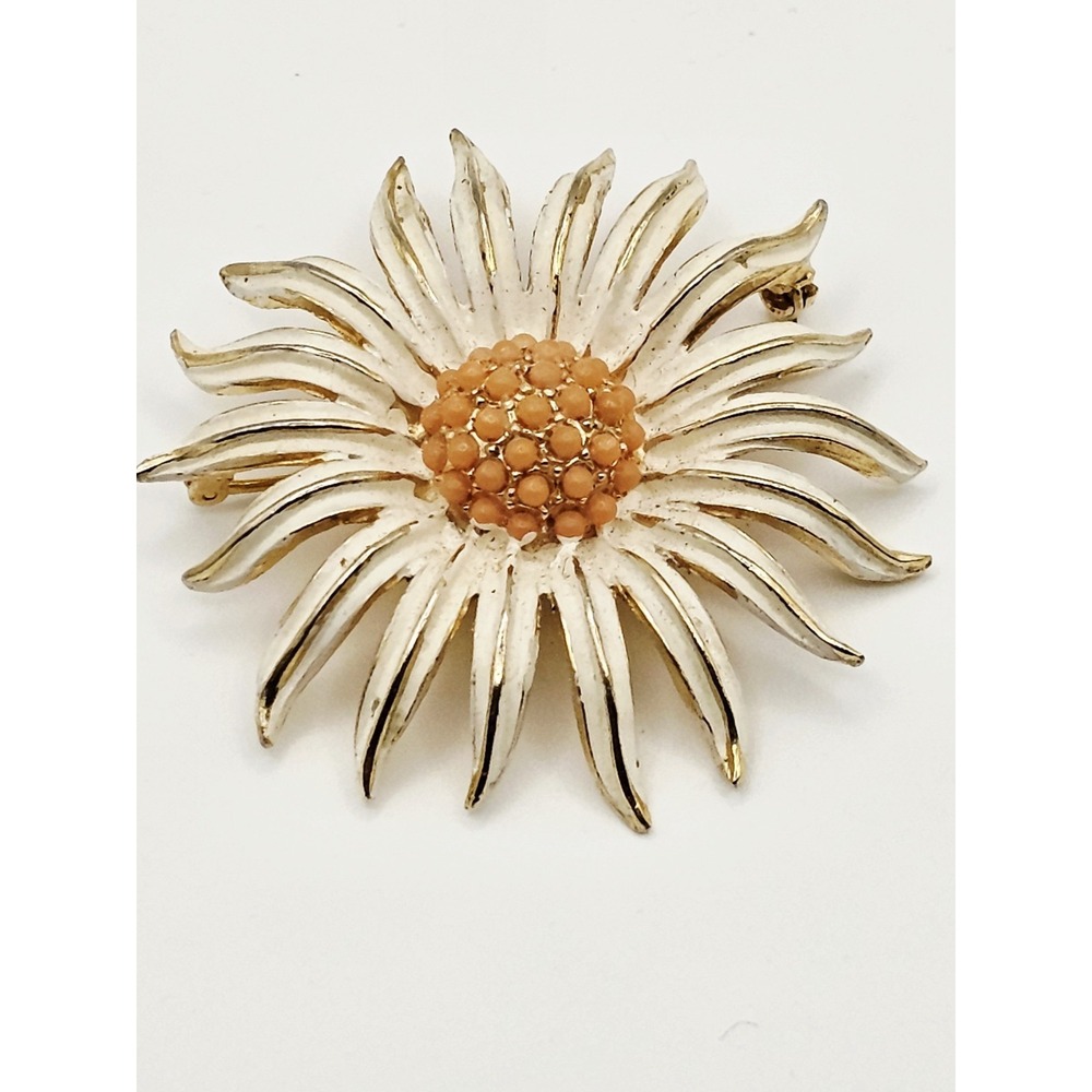 Vintage Weiss Brooch Enamel Flower Orange Gold Tone Signed